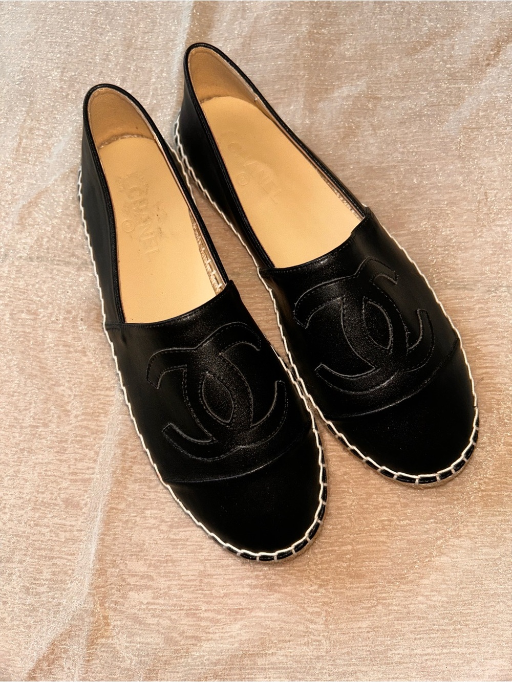 CHANEL Black Leather CC Espadrille Flats with Contrast Stitching